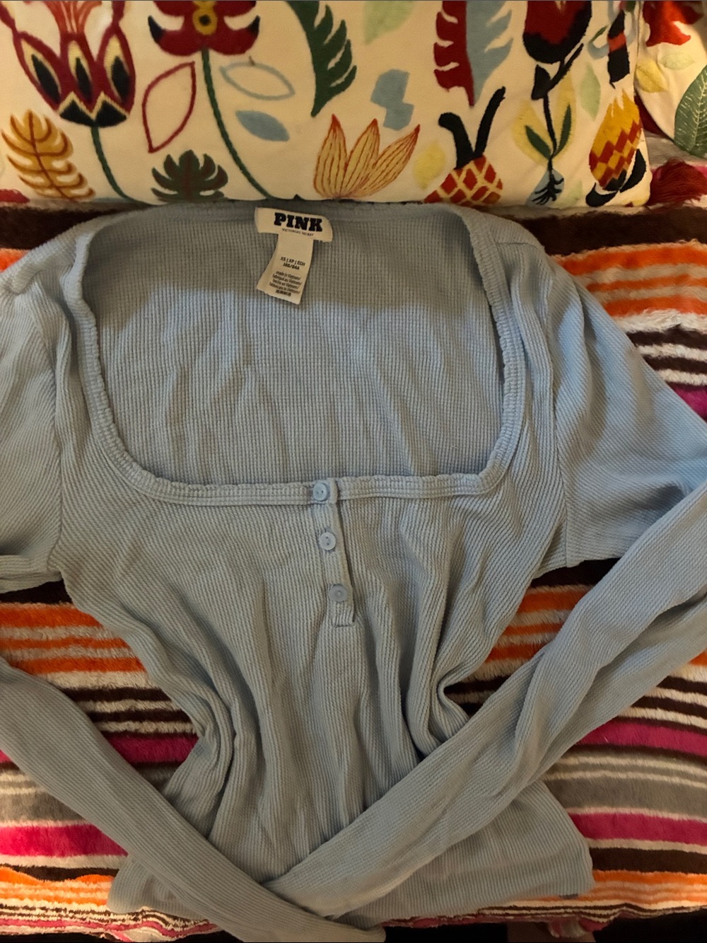 PINK Victoria's Secret Light Blue Ribbed Long Sleeve Henley